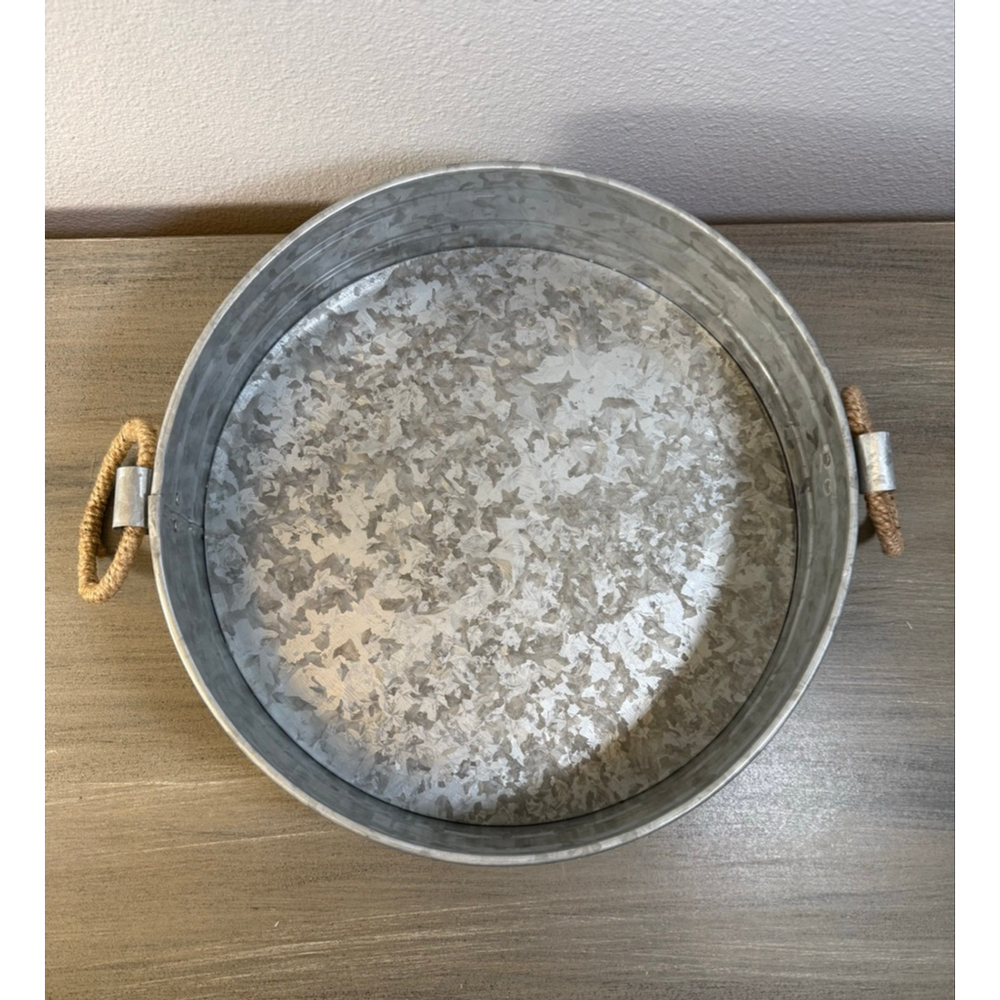 Farmhouse Galvanized Metal Tray 12” Round Rope Handle Serving Centerpiece Decor - Picture 2 of 10